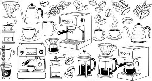 Detailed hand drawn coffee elements featuring coffee beans machines and brewing equipment in black and white
