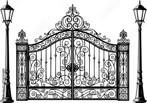Elegant vector illustration of ornate wrought iron gate with detailed lamp posts and design
