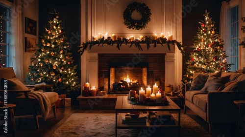 Cozy Living Room with Christmas Tree, Fireplace and Warm Candlelight Decoration