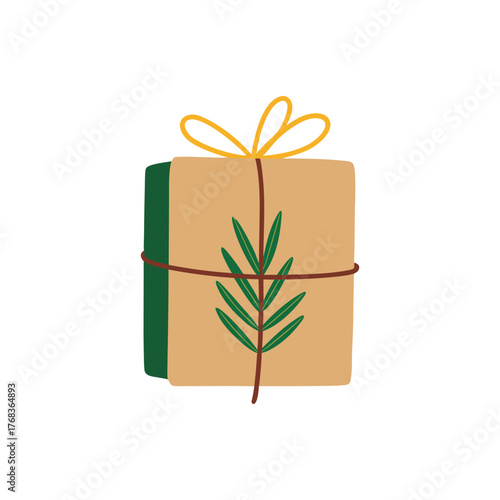 Festive book gift wrapped in kraft paper with twine bow and pine sprig vector