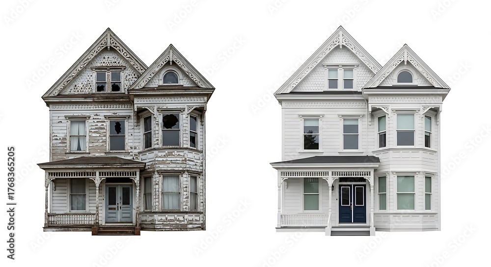 Fototapeta premium Victorian House Transformation Before and After Restoration Exterior View