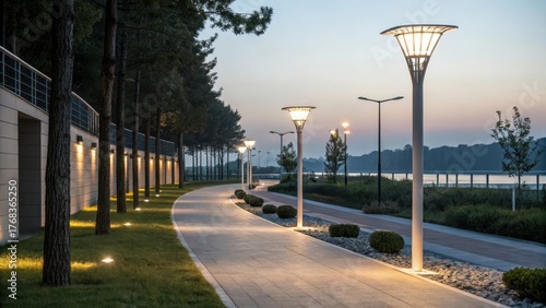 Lit path with street lamps during the evening landscape view