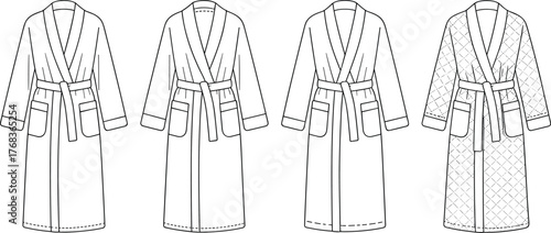Bathrobe fashion flat sketch, robe technical drawing, clothing design template, loungewear garment outline, sleepwear vector illustration, fashion CAD design, textile pattern, apparel design reference