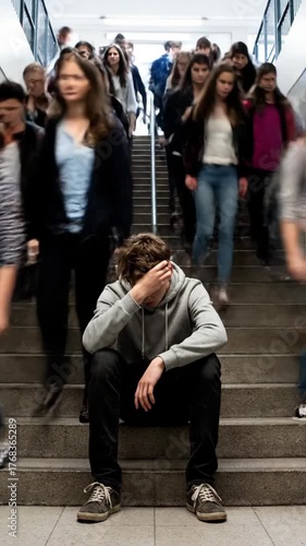 A lonely and sad teenage student sits on stairs while a blurred crowd rushes by. Time-lapse effect representing social anxiety, depression, and bullying in school