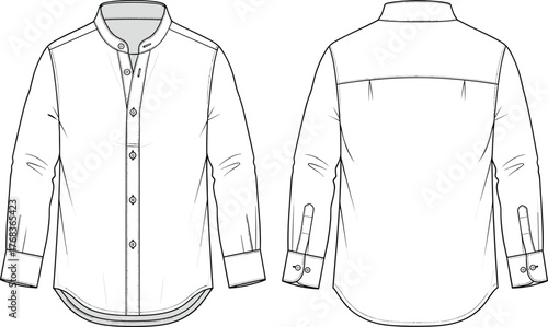 Technical fashion flat of long sleeve band collar shirt with button placket, cuff detail, front back view, vector template