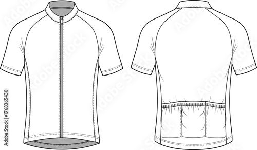 Technical cycling jersey front and back view with zipper, rear pockets, stitching details, short sleeves, sportswear design vector illustration.