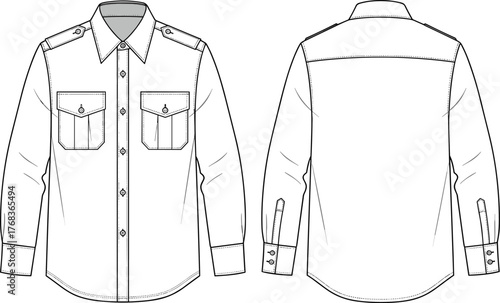 Technical fashion sketch of long sleeve button-up shirt with chest pockets, epaulets, cuffs, front and back views for apparel design