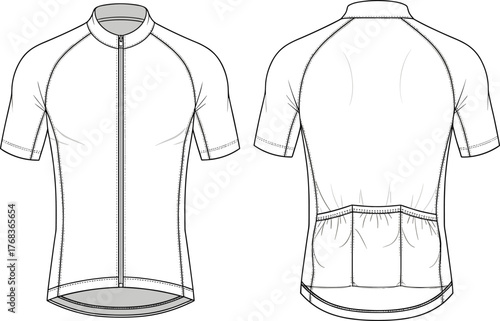 Technical vector sketch of short sleeve cycling jersey front and back views with zipper, pockets, seams, and ergonomic design details.