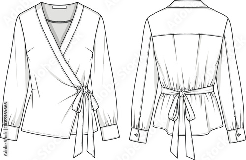 Vector technical fashion sketch of women's wrap blouse with peplum back, buttoned cuffs, deep V-neck, and side tie bow.