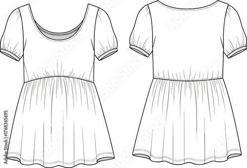 Women's puff sleeve empire waist top technical fashion sketch front and back view vector illustration for apparel design and pattern