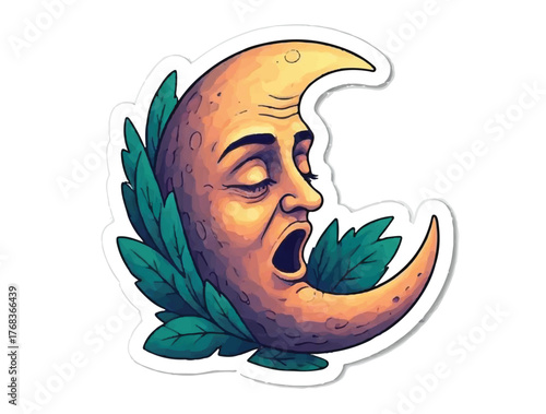 Sleepy moon yawning pure white background.