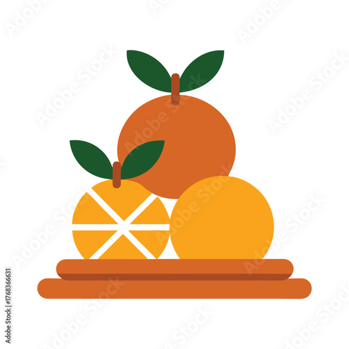 Flat minimal stack of oranges with cinnamon sticks healthy food ingredient arrangement vector
