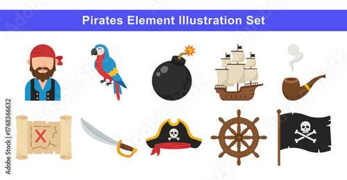 Pirate Elements Illustration Set. Vector Pack Collection
