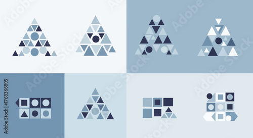 Abstract geometric pattern composed of triangles circles and squares in cool tones