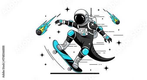 An astronaut dinosaur hybrid skateboarding through space with meteorites surrounding him cool