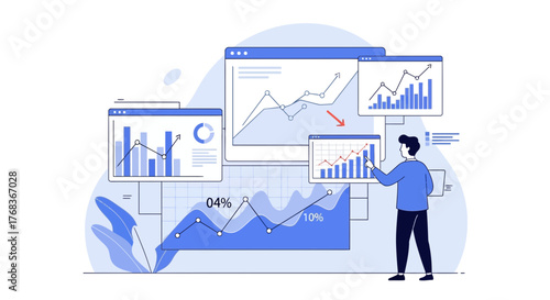 Business analyst examining financial charts and data analytics dashboard interface