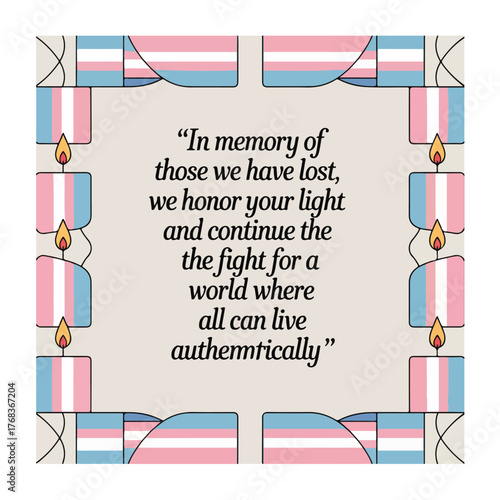 Transgender Day of Remembrance social media vector with quote placeholder, candle glow, heart ribbon, and abstract skyline design