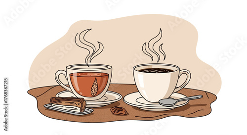 Cozy vector illustration showcasing steaming cups of tea and coffee with sweet treats