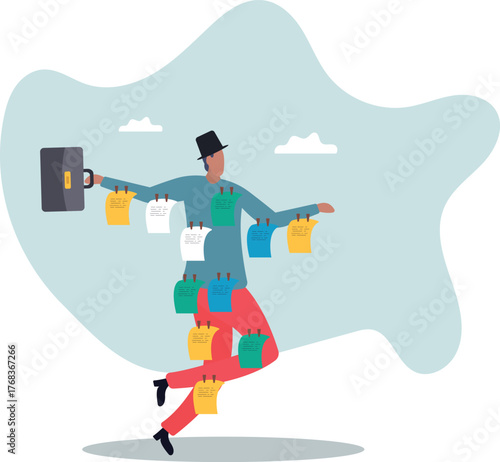 Too many ideas, overworked or busy schedule and reminders, procrastination or multi-tasking workaholic.about a man and his life.