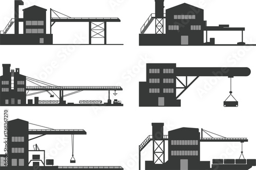 Industrial factory building with crane and conveyor system, manufacturing plant vector illustration, heavy industry, cargo loading and material handling infrastructure concept design