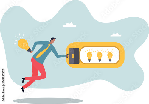 Turn on new idea, solution or innovation to solve problem, enable knowledge or creativity, toggle lightbulb idea invention,about a man and his life.