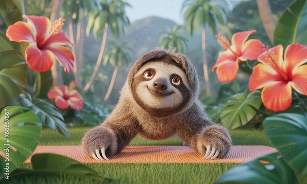 Obraz premium A cartoon sloth doing yoga in a tropical garden