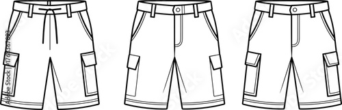 Men’s cargo shorts flat sketch, fashion technical drawing, apparel design template, summer clothing vector, casual wear outline, garment CAD design, 