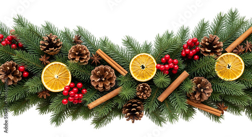Christmas garland with pine cones oranges and cinnamon sticks isolated on transparent background