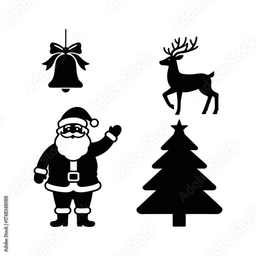 Christmas Silhouettes: A charming collection of festive holiday silhouettes, including Santa Claus, a reindeer, a Christmas tree, and a decorative bell.