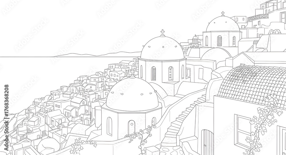 Fototapeta premium Serene Santorini escape, iconic Greek architecture, whitewashed buildings cascade down hillside, calming sea view