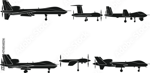 Military drone aircraft silhouette collection, unmanned aerial vehicle vector set, modern UAV technology design, defense aviation illustration, 