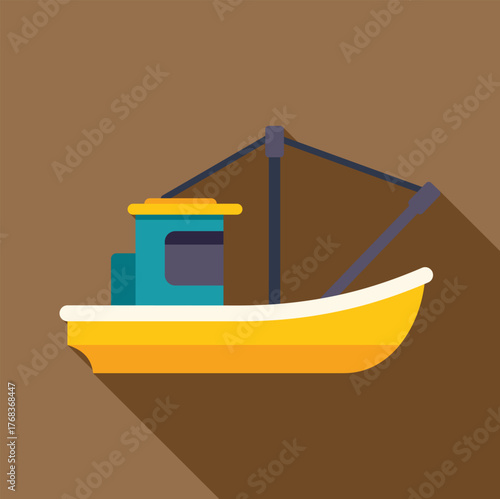 Yellow fishing trawler sailing on brown water with long shadow, flat design icon
