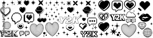 Y2K aesthetic vector icon set in black and white with hearts pixel hearts sparkles stars chat bubbles disco balls lips cloud lollipop planet saturn and wireframe hearts for retro stickers and clipart