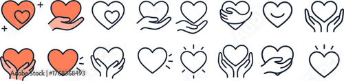 Vector icon set of hearts and hands in outline and filled styles showing care love support donation and charity for healthcare nonprofit and social apps. Caring Hands with Heart Line Icons Minimal.