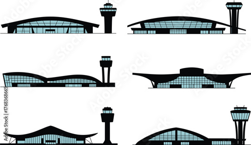 Modern airport terminal building elevation set, air traffic control tower design illustration, contemporary architecture facade vector, aviation infrastructure 