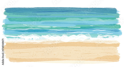 Flat 2D vector illustration showing a peaceful summer seaside scene featuring warm sandy beach, blue ocean water, and soft watercolor brush strokes against a clean white background.