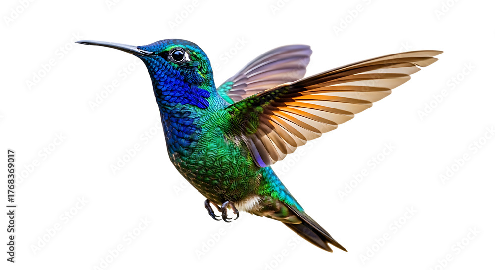Obraz premium Hummingbird in flight with iridescent feathers isolated on transparent background