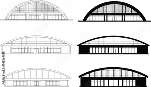 Modern arched building elevation drawings, architectural facade design, detailed front view blueprint, structural CAD illustration, architecture vector presentation, engineering technical elevation 