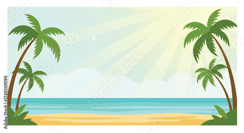Flat 2D vector illustration of a tranquil tropical beachside scene featuring swaying coconut palm trees under soft, abstract watercolor sunlight against a bright white background.