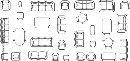 Modern furniture top view, sofa and table layout, minimalist interior floor plan elements, home decor vector icons, contemporary furniture outline illustration set for design projects