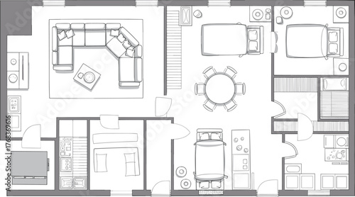 Modern house floor plan layout, top view apartment design, home interior furniture arrangement, living room, kitchen, bedroom and bathroom blueprint vector illustration, architectural drawing