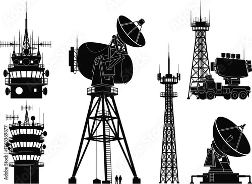 Radar communication towers, satellite dishes, control tower silhouettes, military radar truck, telecommunications antennas, radio transmission structures, global network technology, navigation 