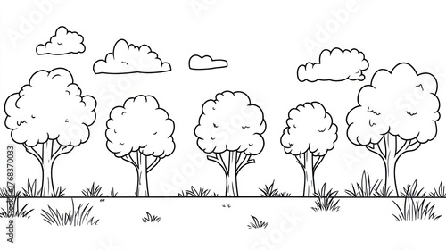 Line trees, grass, and clouds outline. Background for coloring page