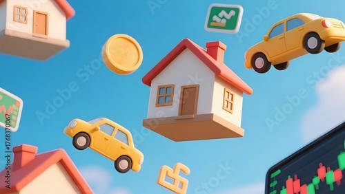 3D illustration showing various financial assets and properties floating in the air against a blue sky background.