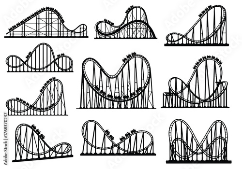 A collection of roller coaster designs in black line art, isolated on white background each coaster features unique loops, drops, and curves, showcasing the thrill of amusement parks