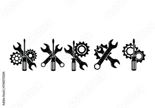 Collection of black and white mechanic icons isolated on white background, featuring wrench, screwdriver, and gear symbols for repair and maintenance