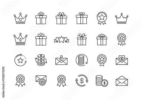 Collection of black and white reward icons isolated on white background, featuring crown, gift, star, medal, and money symbols for achievement and recognition