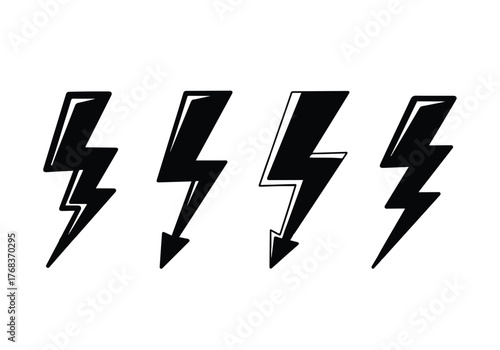 A striking collection of four black lightning bolt icons isolated on white background, each a unique symbol of power, energy, and sudden force, perfect for designs