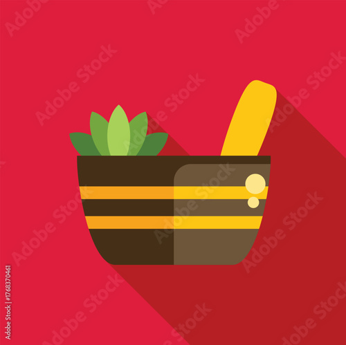 Wooden mortar and pestle crushing herbs with a red background, representing traditional medicine practices