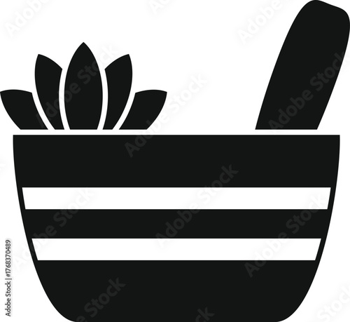 Black and white silhouette of a mortar and pestle grinding medicinal herbs, symbolizing traditional medicine practices